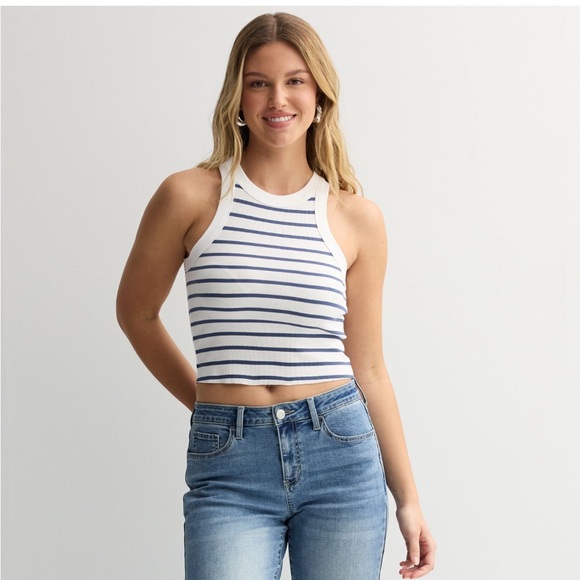 SO White and Blue Fitted Crop Tank Top NWT - Picture 1 of 3